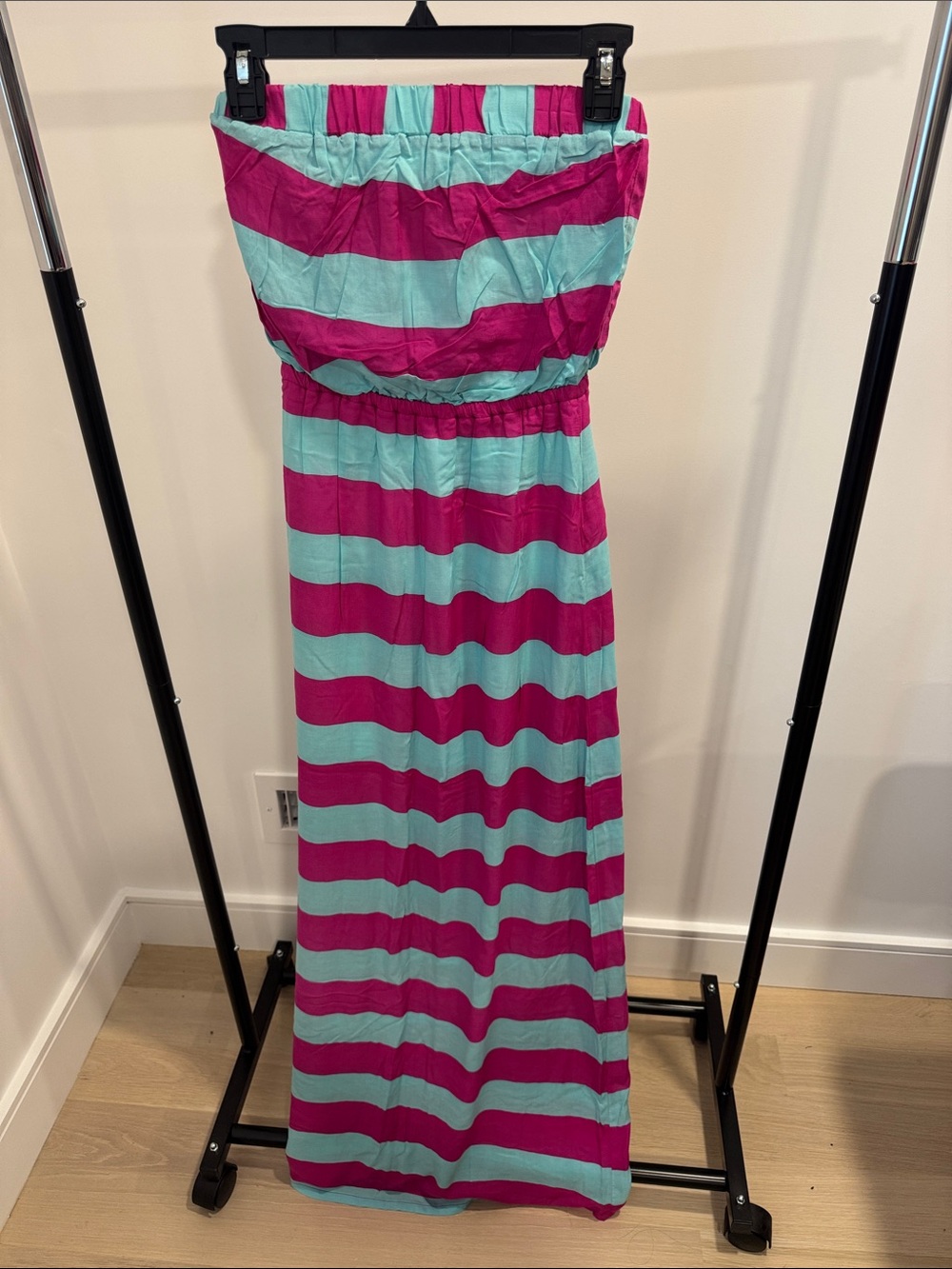 Splendid Strapless Maxi Dress in Turquoise & Magenta Stripes